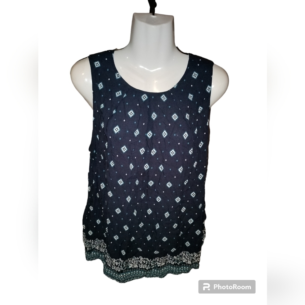 fun 2 fun women's xl tank boho navy blue teal white pattern keyhole neck closure